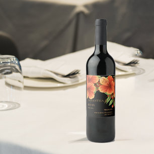 VattenfärgsOrange Blommigt Bröllop Tack Vinflaska Etikett