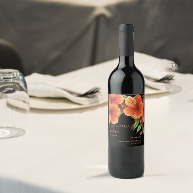VattenfärgsOrange Blommigt Bröllop Tack Vinflaska Etikett (Watercolor Orange Floral Wedding Thank You Wine Label)