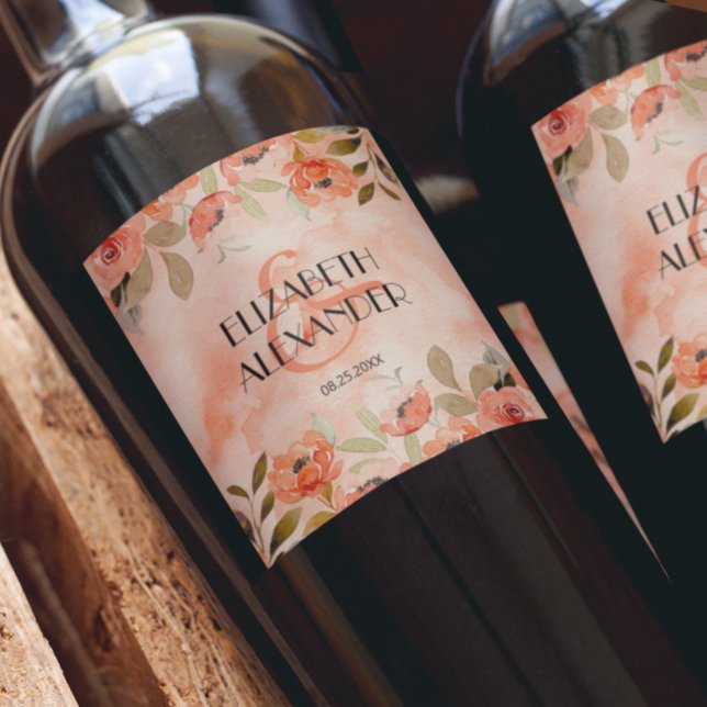 VattenfärgsOrange Blommigt Bröllop Vinflaska Etikett (Watercolor orange floral wedding wine bottle personalized labels)