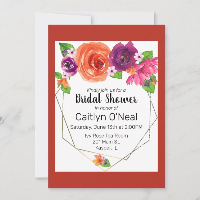 VattenfärgsOrange Lila Rosa Blommigt Guld Ram Inbjudningar (Framsida)