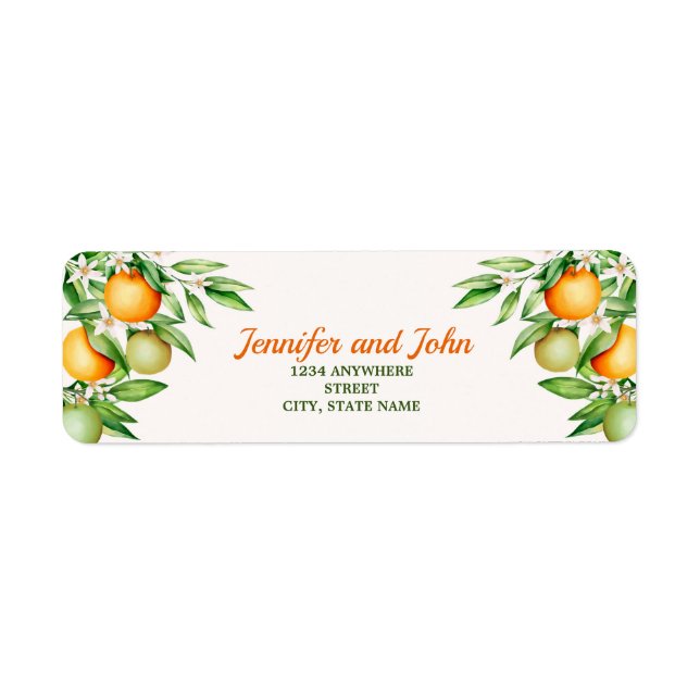VattenfärgsOrangen Frukt Bröllop Returadress Etikett (Framsidan)
