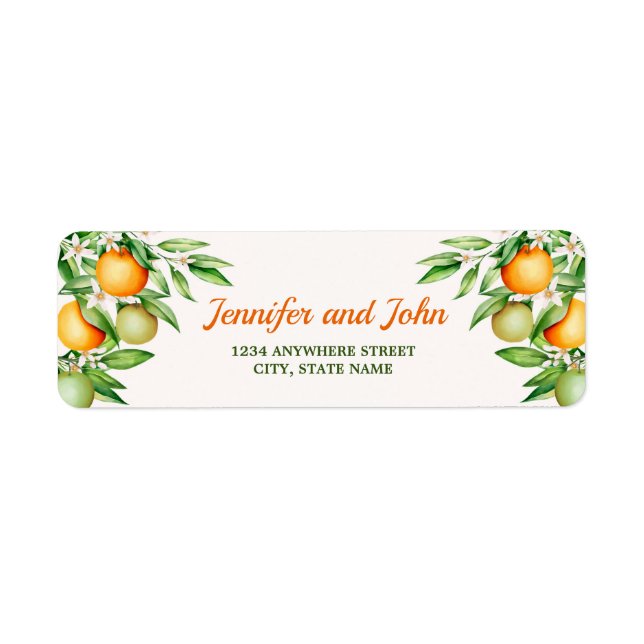 VattenfärgsOrangen Frukt Bröllop Returadress Etikett (Framsidan)