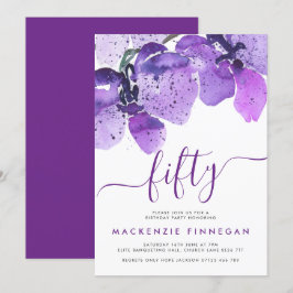 VattenfärgsOrchids Violet Femtionde Födelsedagsfes Inbjudningar