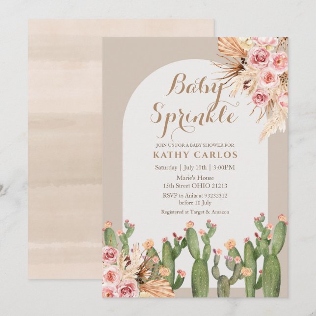 Vattenfärgspampasgräs och Cactus Baby Sprinkle Inbjudningar (Fram/baksida)