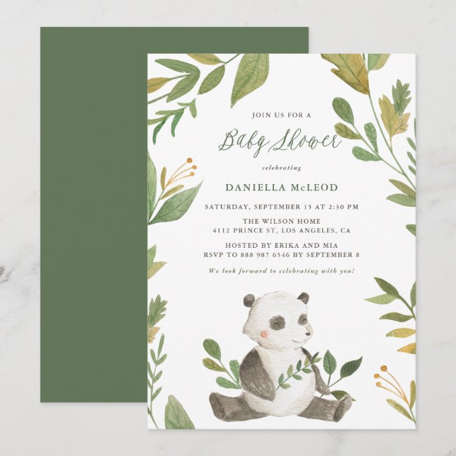 Vattenfärgspanda med Foliage Wandeans Baby Shower Inbjudningar (Fram/baksida)