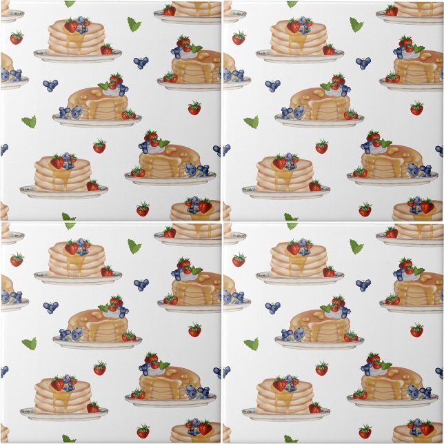 Vattenfärgspannkakor Bär Frukost Brunch  Kakelplatta (Watercolor Pancakes Berries Breakfast Brunch Ceramic Tile)