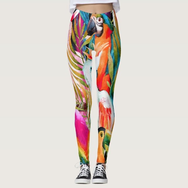 Vattenfärgsparroller: Tropiskt sjölöst Mönster Leggings (Framsida)