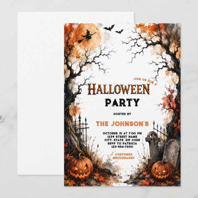 Vattenfärgsparty i spökskogen Halloween Inbjudningar (Fram/baksida)
