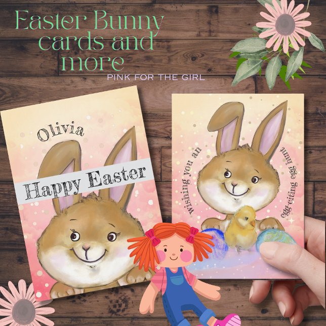 VattenfärgsPåskhare Kids Rosa  Julkort (Watercolor Easter Bunny Kids Pink Holiday Card )