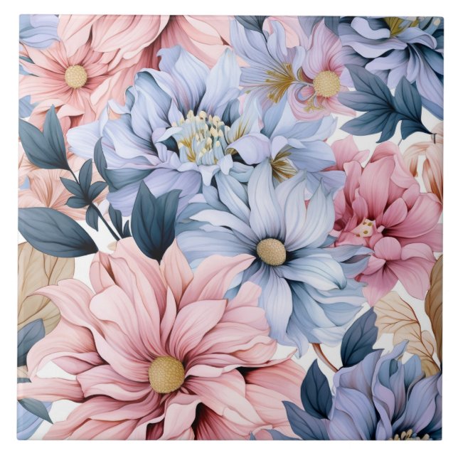 Vattenfärgspastel rosa och blåsblommor kakelplatta (Framsidan)