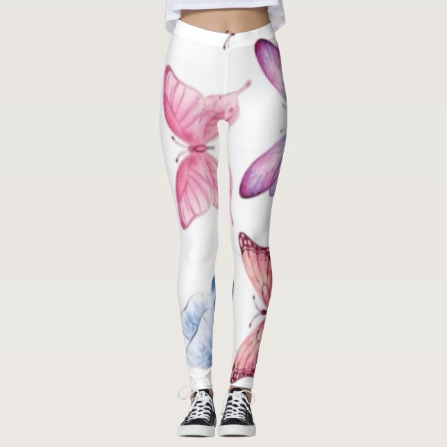 Vattenfärgspastell Mönsterblad för fjärilar Leggings (Framsida)