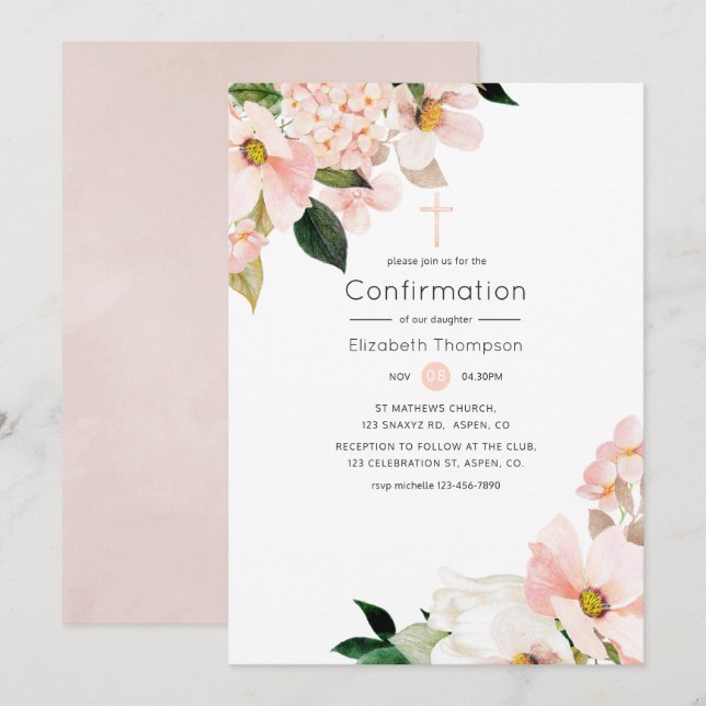 Vattenfärgspastell Rosa Blommig Konfirmation Inbjudningar (Fram/baksida)