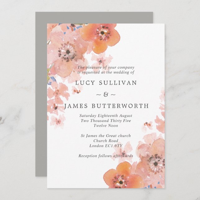 Vattenfärgspeach och Grått Blommigt Bröllop Inbjudningar (Fram/baksida)
