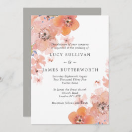 Vattenfärgspeach och Grått Blommigt Bröllop Inbjudningar