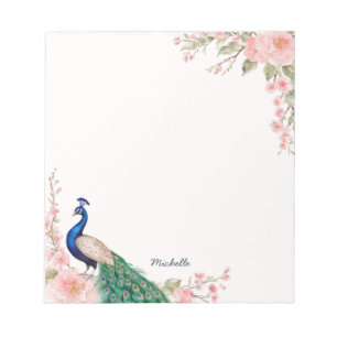 Vattenfärgspeacock Flowers Personlig Namn Anteckningsblock