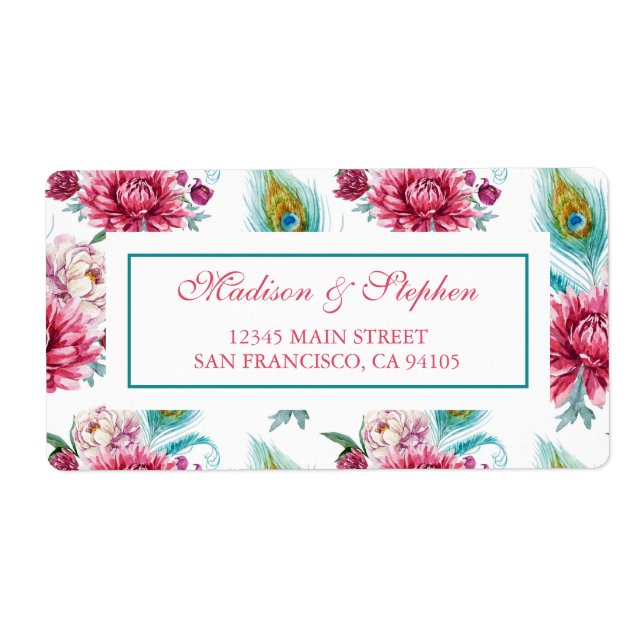 VattenfärgsPeacock & Red Blommigt - Bröllop Fraktsedel (Framsidan)