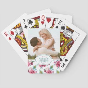 VattenfärgsPeacock & Red Blommigt - Bröllop Photo Casinokort