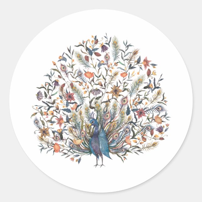 VattenfärgsPeacock Runt Klistermärke (Framsida)