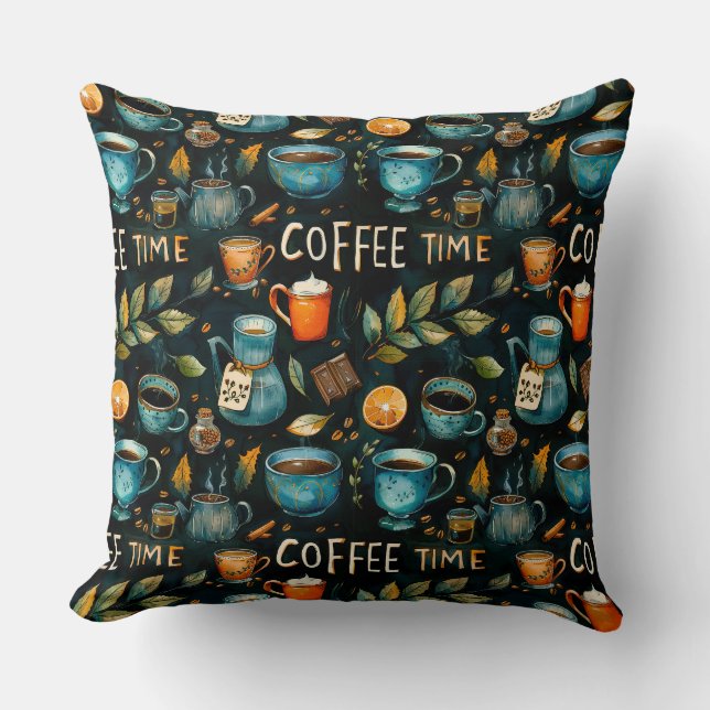 Vattenfärgspenna bläck kaffe koppar, krukor, kanel kudde (Framsida)