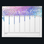 Vattenfärgspensel och konfetti veckovis planering anteckningsblock<br><div class="desc">I den här roligten har jag täckt över bakgrunden i en vattenfärgspensel som har rosa, blått, lila och ett färgtips. Att lägga över det är en separat bild som simulerar konetti från guld. Uttrycket "Veckoplanering" återges i ett handskriftsteckensnitt för avslappnad och har placerats överst på sidan som grafik. Använda mallen...</div>