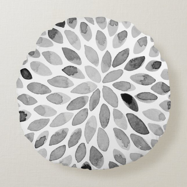Vattenfärgspenseldrag - svart och vitt rund kudde (Framsidan)