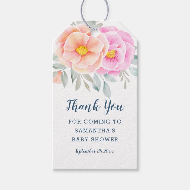 VattenfärgsPeonies Ro Rosa Blommigt Tack Presentetikett (Framsidan)