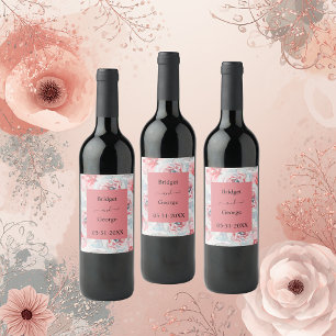 vattenfärgspeony blommigt ro apricot bröllop vinflaska etikett