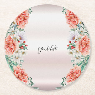 VattenfärgsPeony Flower Papper Underlägg Rund