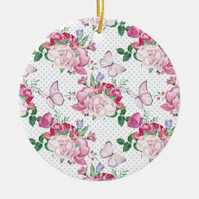 vattenfärgspeony,vattenfärgsfjäril julgransprydnad keramik (Framsidan)