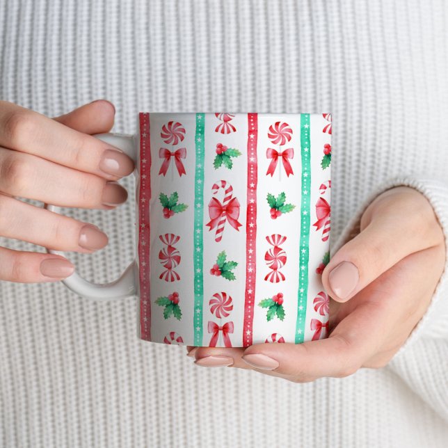 VattenfärgsPeppermint Rand och Polkagrisar Två-Tonad Mugg (Watercolor Peppermint Stripes and Candy Canes Two-Tone Coffee Mug)