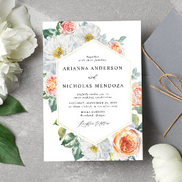 Vattenfärgspersika och vit Blommigt Guld Ram Bröll Inbjudningar