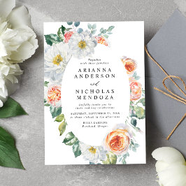 Vattenfärgspersika och vit Blommigt Oval Ram Bröll Inbjudningar