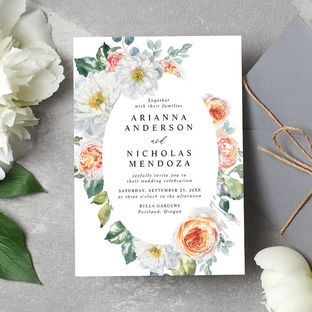 Vattenfärgspersika och vit Blommigt Oval Ram Bröll Inbjudningar (Skapare uppladdad)