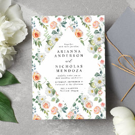 Vattenfärgspersika och vit Blommigt Ram Bröllop Inbjudningar