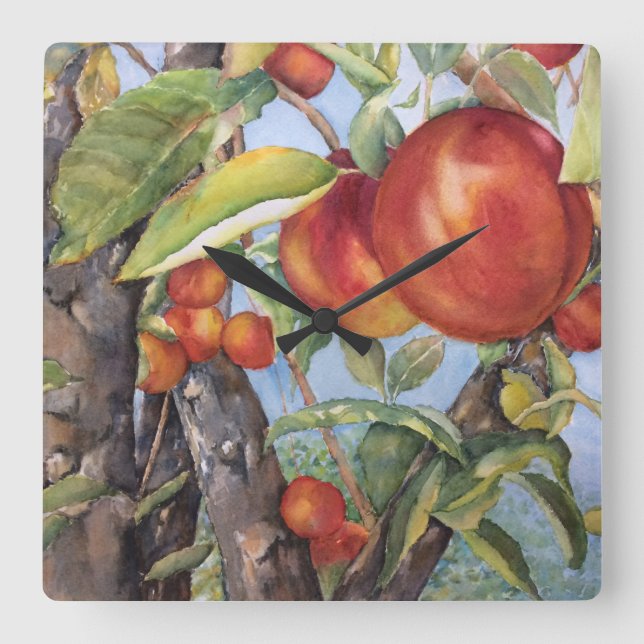 Vattenfärgspersika Träd orchard frukts Harvest  Fyrkantig Klocka (Framsida)