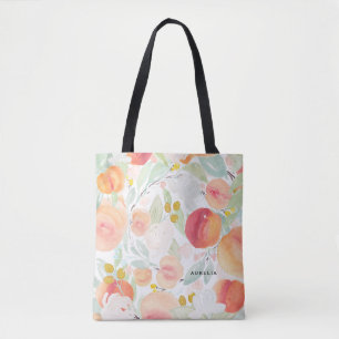 Vattenfärgspersikor och blommor Mönster Tote Bag Tygkasse