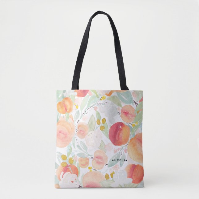 Vattenfärgspersikor och blommor Mönster Tote Bag Tygkasse (Framsida)