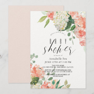 Vattenfärgspersikor Ro och Hydrangea Baby Shower Inbjudningar