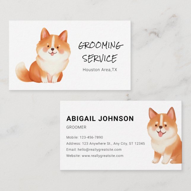 Vattenfärgspet Grooming med Corgi Visitkort (Fram/baksida)