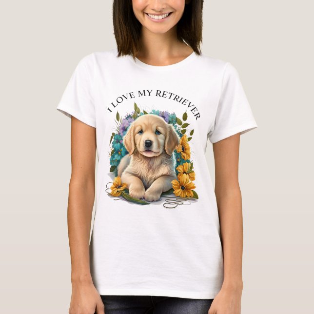 Vattenfärgspets Blommigt Golden Retriever Puppy T Shirt (Framsida)