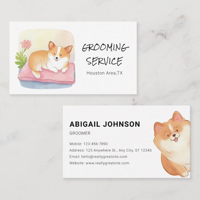 Vattenfärgspets Grooming med Cute Corgi Design Visitkort (Fram/baksida)