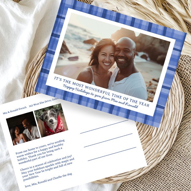 Vattenfärgspets Handmade jul-Anpassningsbar 3 Foto Helg Vykort (Watercolor Blue Plaid Handmade Christmas Custom 3 Photo Holiday Postcard
)