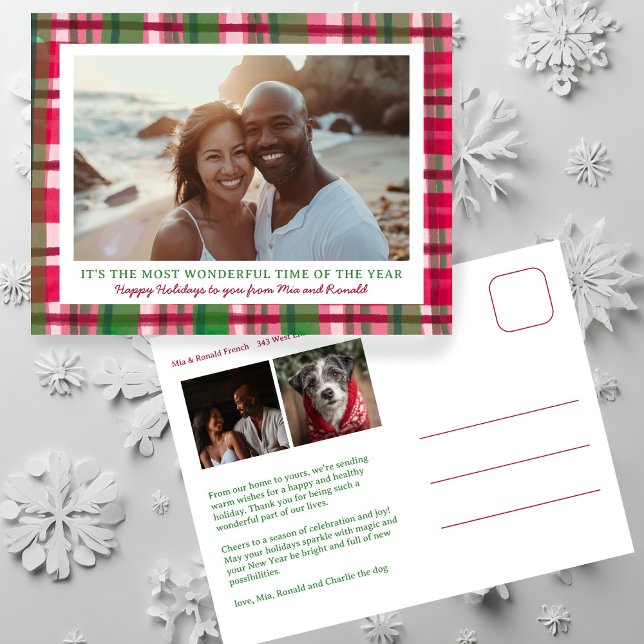 Vattenfärgspets Handmade jul-Anpassningsbar 3 Foto Helg Vykort (Watercolor Plaid Rustic Handmade Christmas Custom 3 Photo Holiday Postcard
)