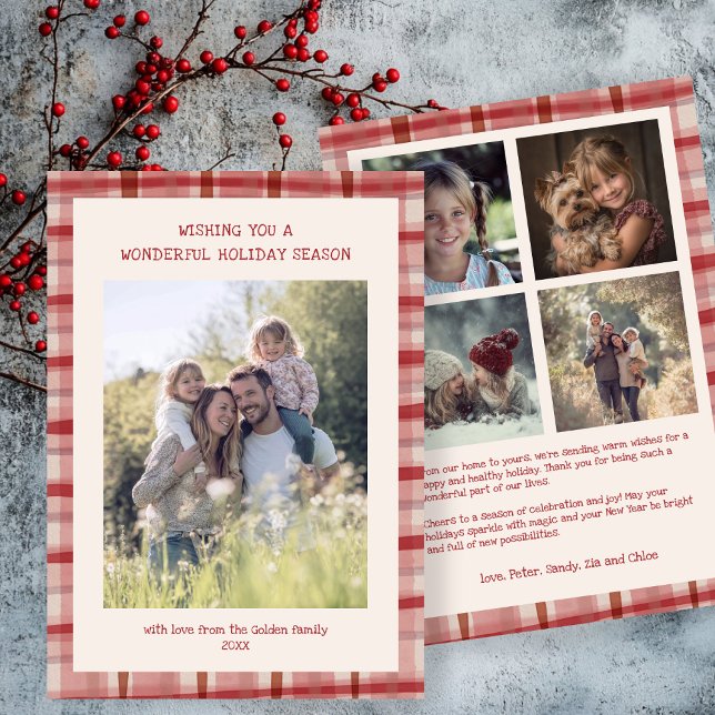 Vattenfärgspets Handmade jul-Anpassningsbar 5 Foto Julkort (Watercolor Plaid Handmade Christmas Custom 5 Photo Holiday Card
)