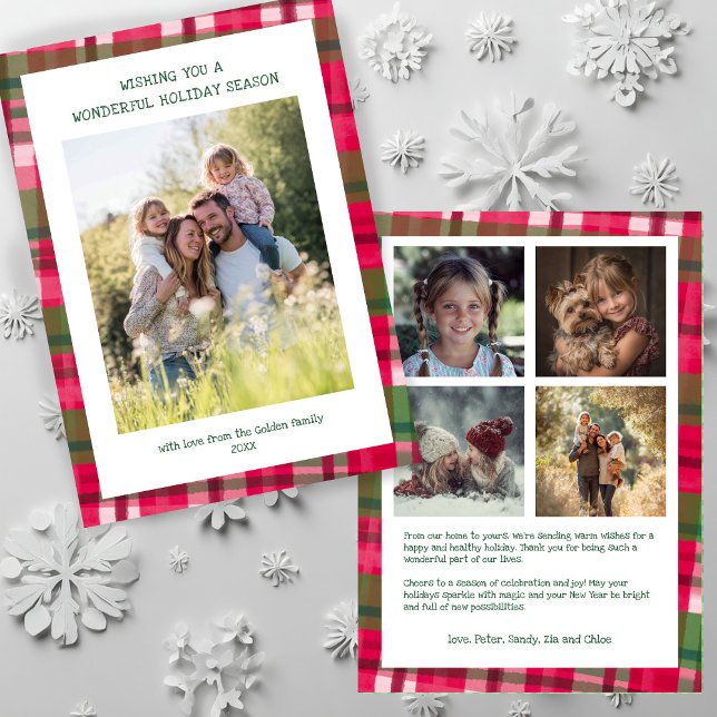 Vattenfärgspets Handmade jul-Anpassningsbar 5 Foto Julkort (Watercolor Plaid Handmade Christmas Custom 5 Photo Holiday Card
)