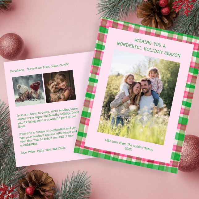 Vattenfärgspets Rosa Jul Anpassningsbar 3 Foto Helg Vykort (Watercolor Plaid Pink Christmas Custom 3 Photo Holiday Postcard
)