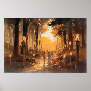 Vattenfärgspilgrims väg genom skogen poster
