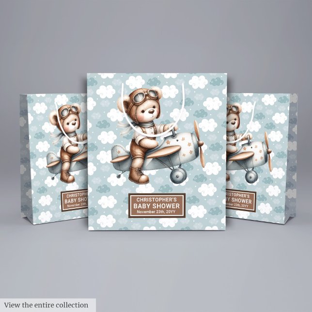 Vattenfärgspilot för Nalle för babyskor Bedragpåse (Watercolor Teddy Bear Pilot Baby Shower Treat Bag)