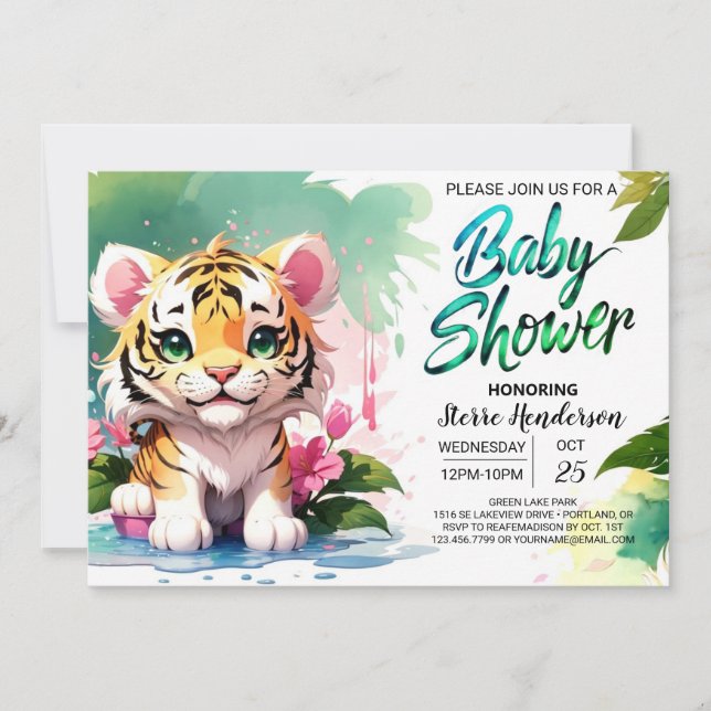 Vattenfärgspiskor Tiger Baby Shower Inbjudningar (Framsida)