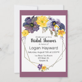 Vattenfärgsplommon Grått Gult Blommigt Guld Ram Inbjudningar